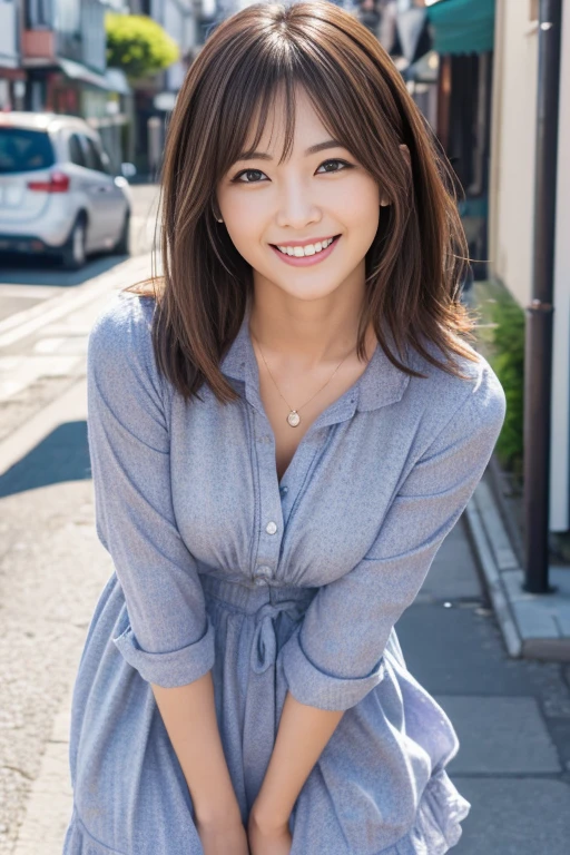 8K, (Best image quality:1.60), ((Realistic photos)), (One Woman:1.33),Beautiful expression, (Detailed eyes:1.5), (Iris:1.4), (Detailed face:1.7), (cute日本人の顔), (Big smile:1.5), (Shiny Hair:1.4), (Slightly brown hair:1.2), ((High resolution)), RAW Photos, (A seaside port town, Nanki Shirahama)、Dress shirt, pants, Big smile, Staring at the camera, Age 25, Walking, Upper body from the knee up, cute, Short haircut