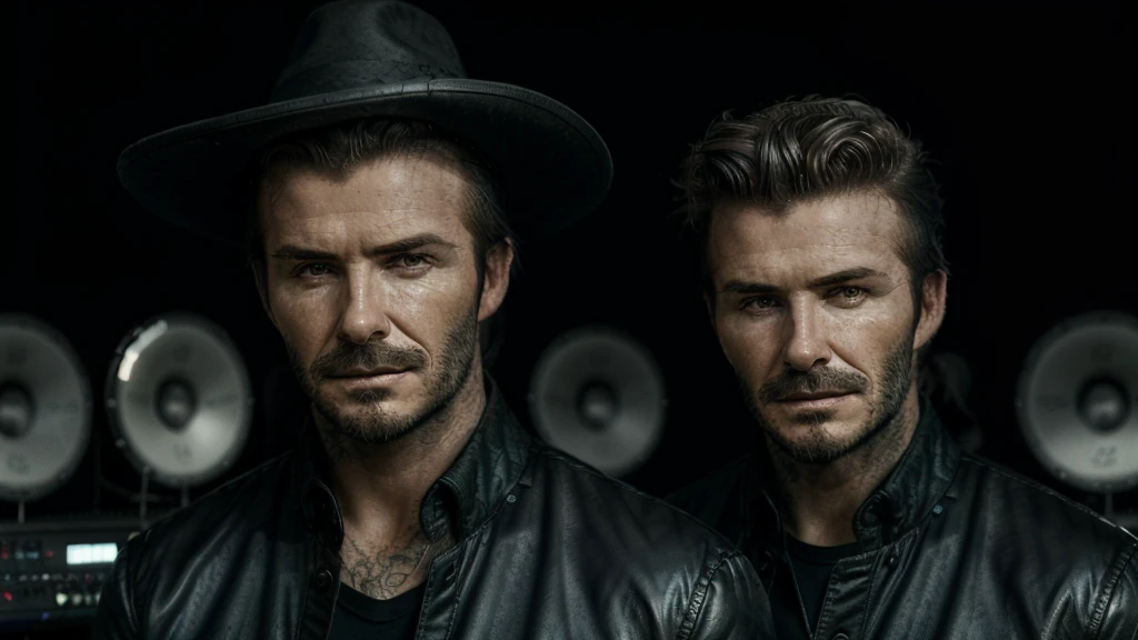 photo of 1 david-beckham, 1man,(detailed music studio: 1.4), Witch hat, (detailed faces: 1.4), highres, RAW photo 8k uhd, dslr, , ((cinematic light)), colorful, hyper detail, dramatic light, intricate details, (best lighting, an extremely delicate and beautiful), abstract colors,