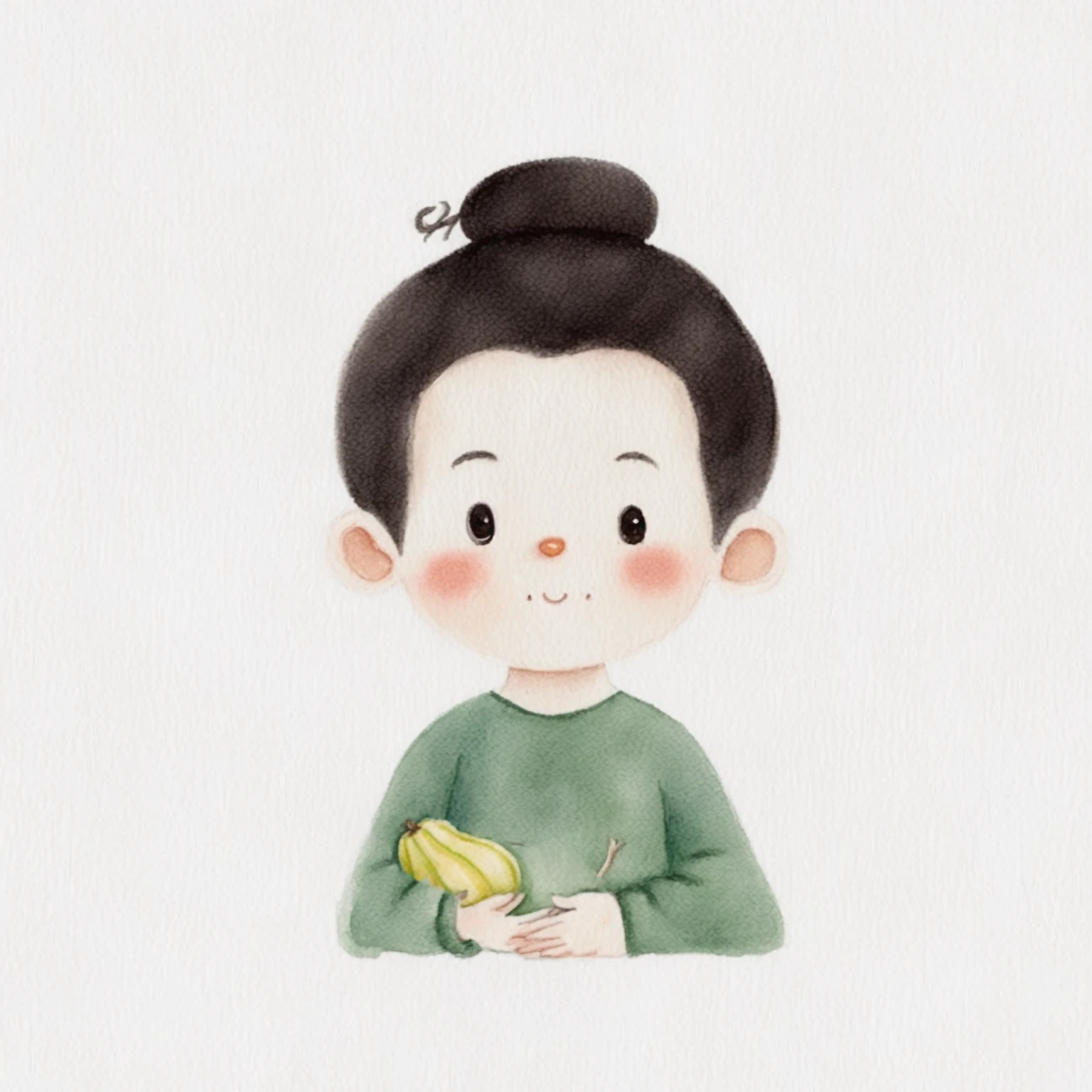 There is a  boy holding a gourd, Cute illustrations, Cute cartoon characters, Lovely characters, Watercolor illustration style, Portrait of a littlen, High-quality character design, Hand drawn cartoon art style, author：Xia Gui, Lovely art style, Lovely and detailed digital art, Chinese watercolor style, High quality portrait, Children&#39;s illustrations