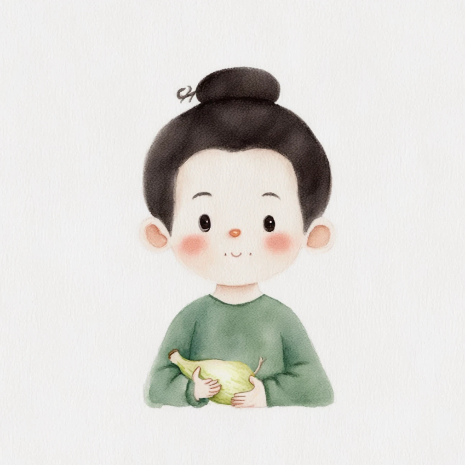 There is a holding a gourd, Cute illustrations, Cute cartoon characters, Lovely characters, Watercolor illustration style, Portrait of a little person, High-quality character design, Hand drawn cartoon art style, author:Xia Gui, Lovely art style, Lovely and detailed digital art, Chinese watercolor style, High quality portrait, Children's illustrations
