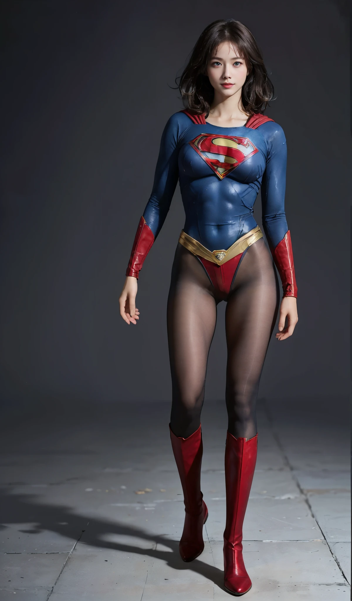 No background、(((Beautiful legs in black tights.)))、(((Legally express the beauty of your smile)))、((((Make the most of your original images)))、(((Supergirl Costume)))、(((Beautiful short bob hair)))、(((suffering)))、(((Please wear black tights....、Wear red boots)))、((Best image quality、8K))、((Highest quality、8K、masterpiece:1.3))、(((Preserve background )))、Sharp focus:1.2、Beautiful woman with perfect figure:1.4、Slim Abs:1.2、Wet body:1.5、Highly detailed face and skin texture、8K