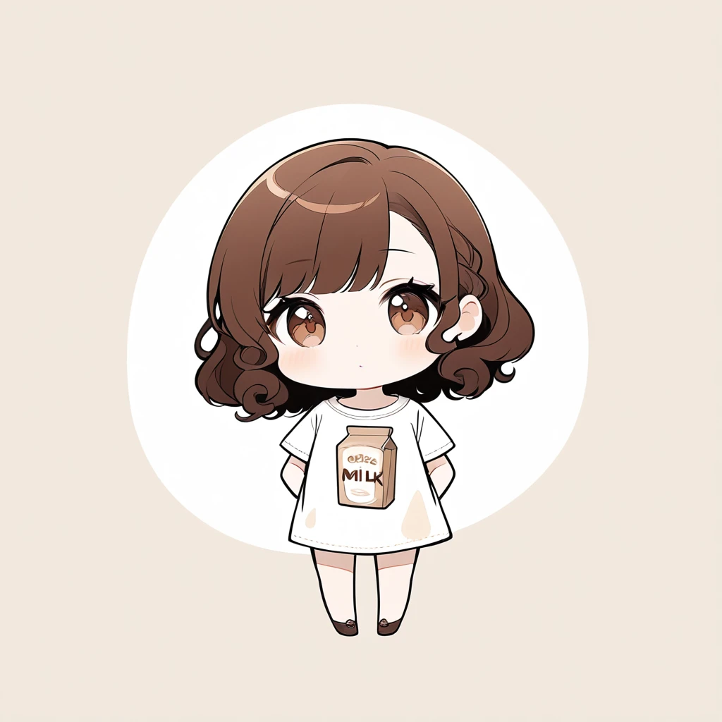 Girl‚ brown eyes‚ beautiful eyelashes‚ lips‚ brown hair‚ short brown hair‚ short curly brown hair, big milk shirt, cores pastéis e vibrantes, estilo chibi, lineart, simple background, (watercolor:0.5)