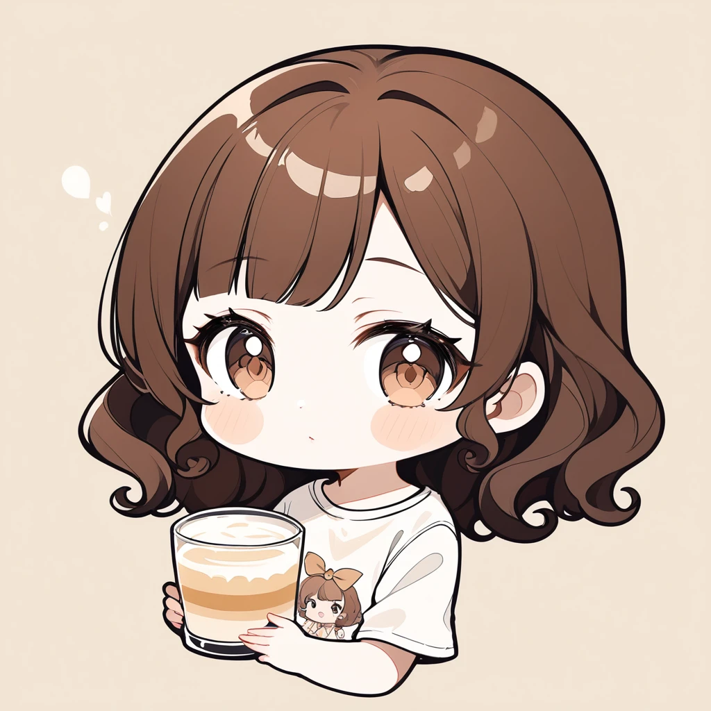 Girl‚ brown eyes‚ beautiful eyelashes‚ lips‚ brown hair‚ short brown hair‚ short curly brown hair, big milk shirt, cores pastéis e vibrantes, estilo chibi, lineart, simple background, (watercolor:0.5)