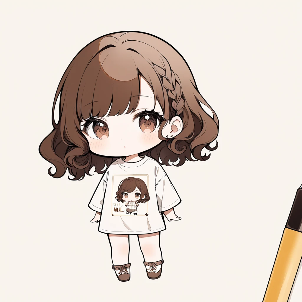 Girl‚ brown eyes‚ beautiful eyelashes‚ lips‚ brown hair‚ short brown hair‚ short curly brown hair, big milk shirt, cores pastéis e vibrantes, estilo chibi, lineart, simple background, (watercolor:0.5)