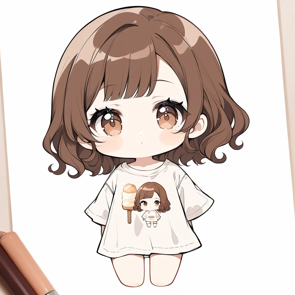 Girl‚ brown eyes‚ beautiful eyelashes‚ lips‚ brown hair‚ short brown hair‚ short curly brown hair, big milk shirt, cores pastéis e vibrantes, estilo chibi, lineart, simple background, (watercolor:0.5)