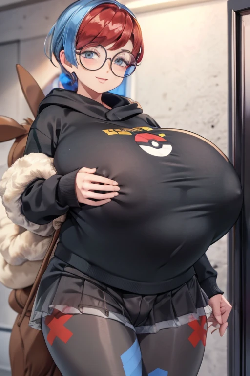 ((masterpiece,best quality)), absurdres, Penny_Pokemon enormous massive gigantic big large breasts nude pregnant fucked by a big horses dick, 1girl, multicolored hair, two-tone hair, red hair, blue hair, grey eyes, round eyewear, black hoodie, short shorts, grey pantyhose, see-through skirt, backpack, solo, smiling, looking at viewer, cowboy shot, contrapposto, large breasts