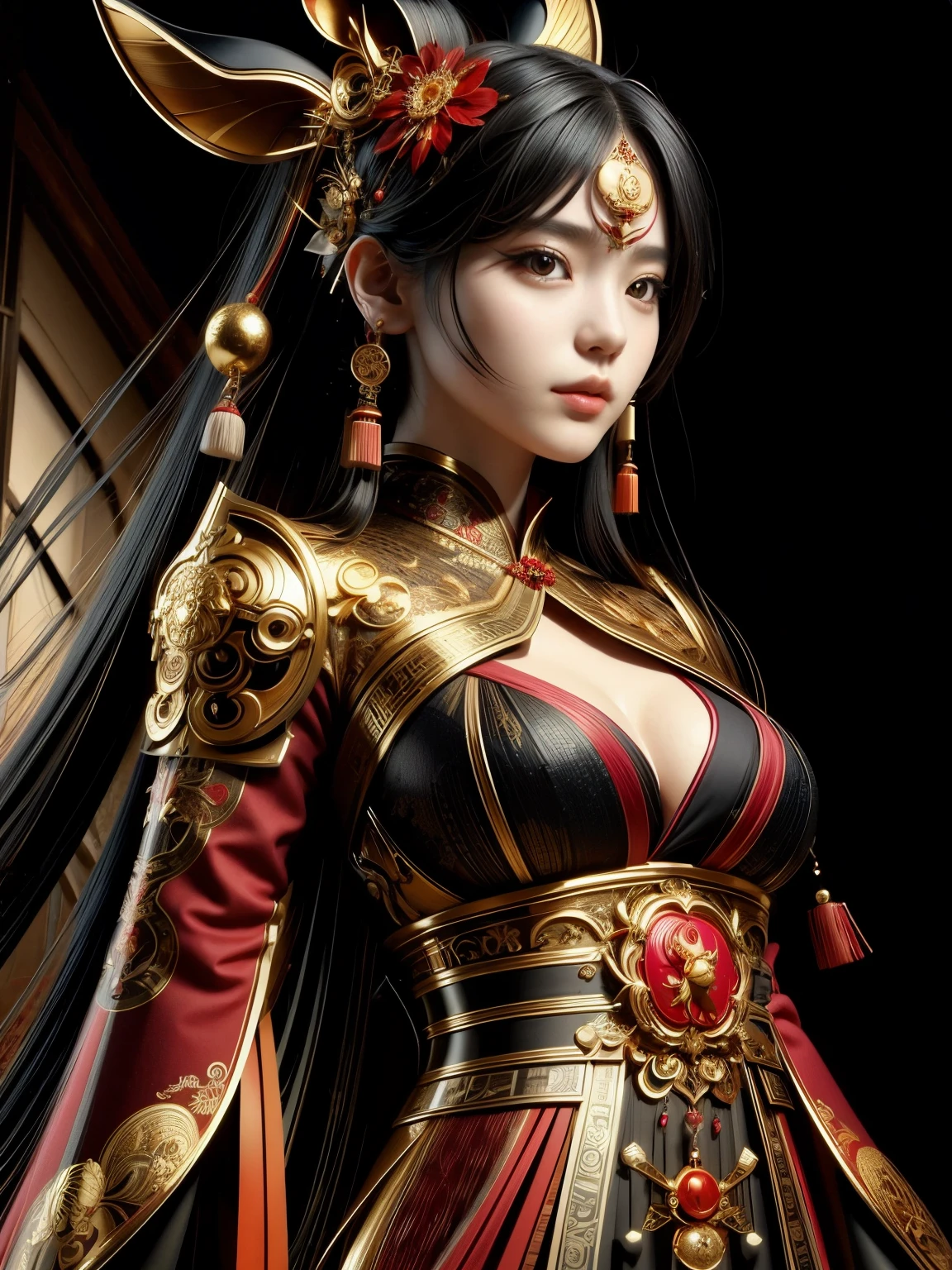 (high quality), (masterpiece), (detailed), 8K, Hyper-realistic illustration depicts (Japanese girl1.3) adorned in intricately designed (Chinese zodiac rabbit attire1.2), showcasing vibrant (red and gold hues1.2). Her (porcelain-like skin1.2) glows with subtle (soft focus1.2) effect, while (luscious black hair1.2) cascades down her back. In style of Ayami Kojima, trending on Artstation.