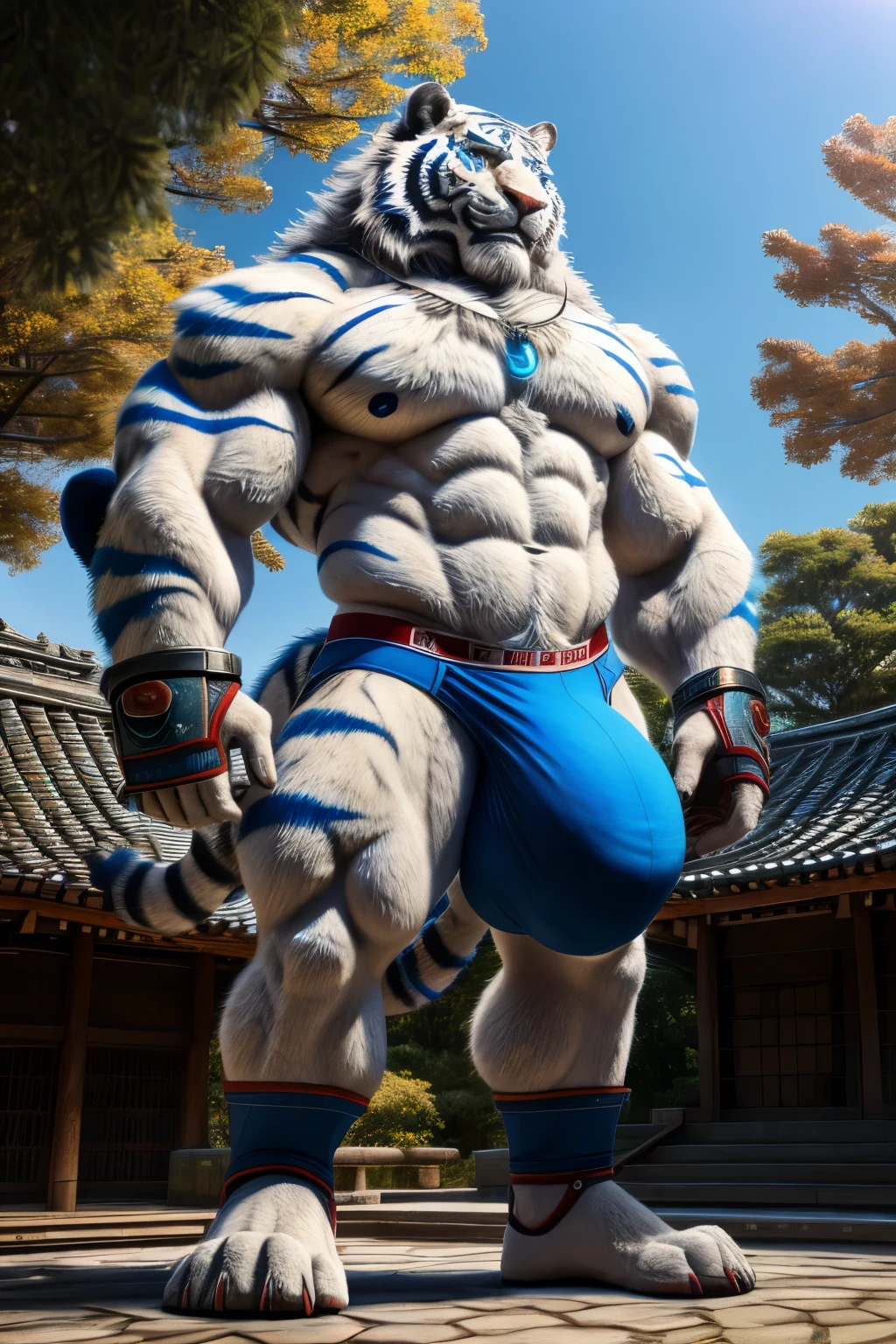 solo,anthro,furry,furry male, White Tiger, ((fluffy fur,fluffy,furry body)),Full Body, Very Muscular, Bara, Big, Buff, Very Big, Very Tall, Extremely Tall,Giant Sized, Hyper Size, Mega Size,Monster Sized,150 feet tall, macrophilia,Short Messy Hair, Blue eyes,((bright blue eyes)) Blue Stripes, String Necklace, Blue Pendant, Cosmic Energy Aura, Wrist guards, Ankle Guards, Smirking Expression, Standing pose, Huge Body Size,Wearing underwear, Outdoors, Japanese Temple, Oriental Trees, Detailed clothes, Tight briefs, briefs bulge, Huge Bulge, Hyper Size Bulge, Giant Cock Bulge, Giant Balls Bulge,Detailed face, (masterpiece, high quality,hi-res,8k had), High Resolution, High Detail,