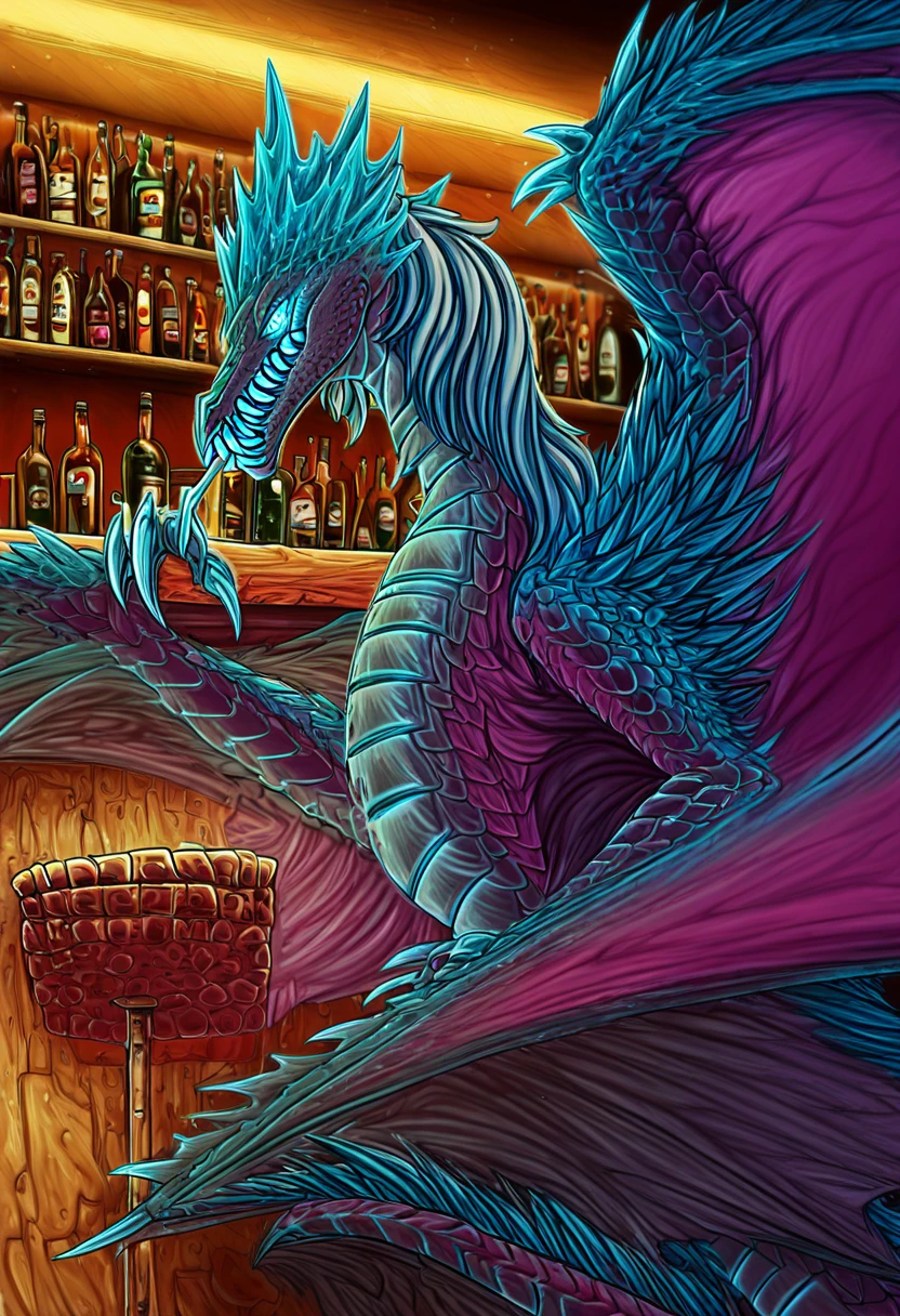 1girl, no humans, monster, dragon, sharp teeth, teeth, claws, wings, scales, colored skin, glowing, blue eyes, hair, drinking in bar