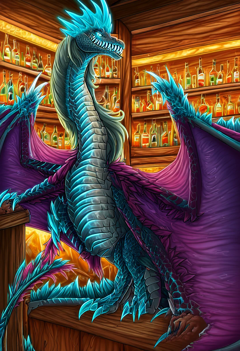 1girl, no humans, monster, dragon, sharp teeth, teeth, claws, wings, scales, colored skin, glowing, blue eyes, hair, drinking in bar