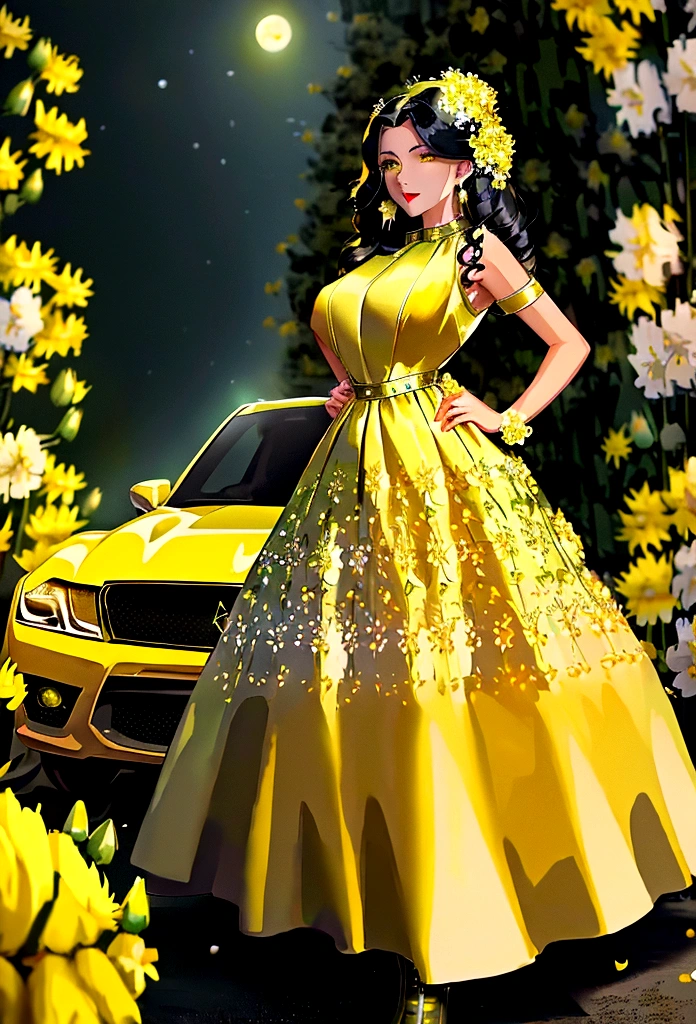a picture of a female model wearing an evening dress lifting a car, glamorous model woman, black hair, long hair, wavy hair, beautiful green eyes, she wears a ((yellow evening dress: 1.5)), elegant, intricate detailed dress, silk dress, small cleavage, ((dress is studded with white flowers: 1.4)), she wears elegant knee high heeled boots, exquisite knee high heeled boots, lifting a sports car, in a cyberpunk street an night background, moon, stars, lamp light, (Masterpiece: 1.5), 16k, highres, best quality, high details, ultra detailed, masterpiece, best quality, (extremely detailed), Cyberpunk Style,