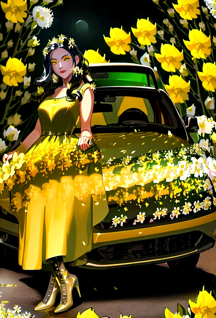 a picture of a female model wearing an evening dress lifting a car, glamorous model woman, black hair, long hair, wavy hair, beautiful green eyes, she wears a ((yellow evening dress: 1.5)), elegant, intricate detailed dress, silk dress, small cleavage, ((dress is studded with white flowers: 1.4)), she wears elegant knee high heeled boots, exquisite knee high heeled boots, lifting a sports car, in a cyberpunk street an night background, moon, stars, lamp light, (Masterpiece: 1.5), 16k, highres, best quality, high details, ultra detailed, masterpiece, best quality, (extremely detailed), Cyberpunk Style,