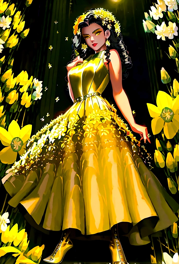 a picture of a female model wearing an evening dress lifting a car, glamorous model woman, black hair, long hair, wavy hair, beautiful green eyes, she wears a ((yellow evening dress: 1.5)), elegant, intricate detailed dress, silk dress, small cleavage, ((dress is studded with white flowers: 1.4)), she wears elegant knee high heeled boots, exquisite knee high heeled boots, lifting a sports car, in a cyberpunk street an night background, moon, stars, lamp light,  (Masterpiece: 1.5), 16k, highres, best quality, high details, ultra detailed, masterpiece, best quality, (extremely detailed), Cyberpunk Style, 