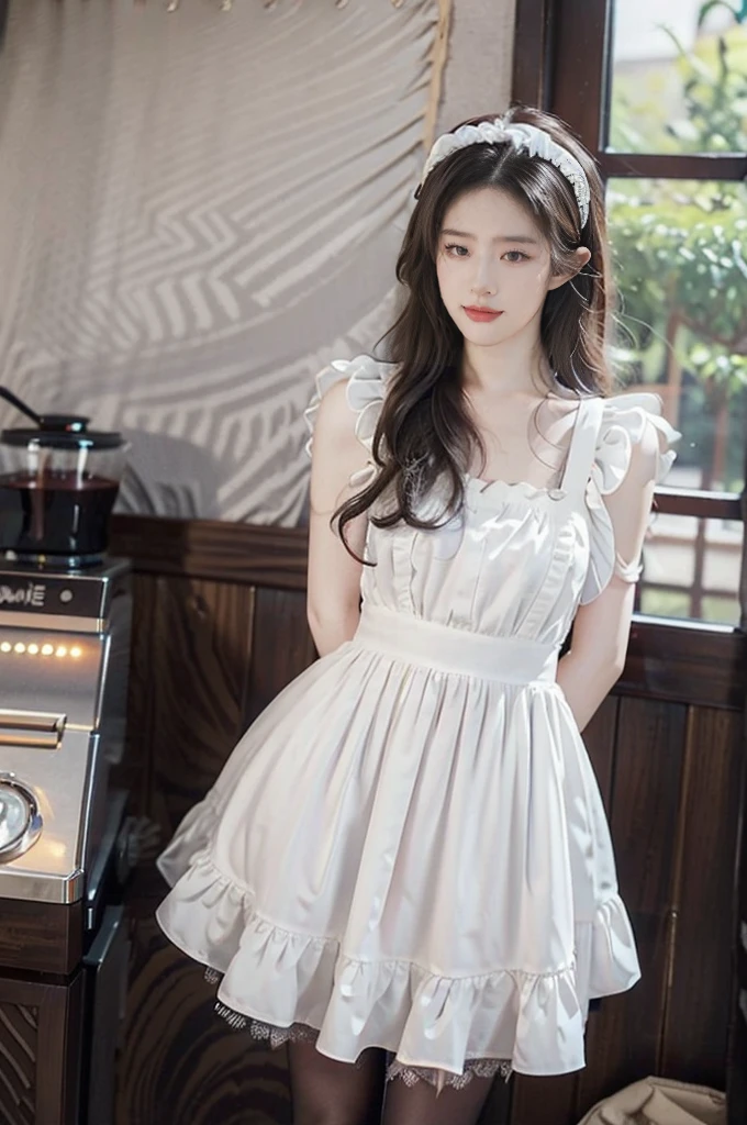 (((best quality))),(((ultra detailed))),(((masterpiece))),illustration,1girl,maid cafe,stunningly beautiful,slim,medium straight bob hair,flat chest,deep captivating eyes,maid costume,see through lace apron,short hemline,bare arms,arms behind back,thighs,slender legs,pantyhose,graceful movements,confident charm,warm genuine smile,France cafe,sliding paper doors,delicious coffee pastries,warm inviting atmosphere,joyful eyes,Coffee Machine,upper body