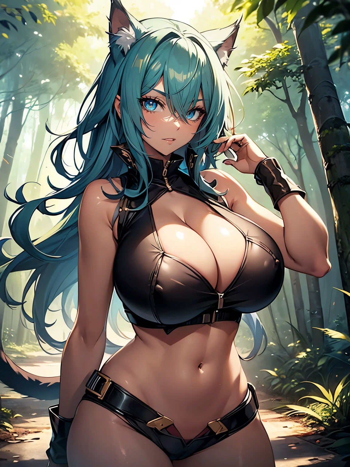 ((Seductive Anime Girl:1.3, solo:1.5))、((fusion of cat and girl:1.3))、((animal tail))、((Glossy realistic skin texture))、((Being in forest:1.3)), ((erect nipples))、((dynamism posing:1.3))、((open clothes:1.2))、((crop top navel:1.2))、((huge breasts:1.3))、((huge hip:1.3))、((highleg:1.3))、((wedgie:1.2))、((cleavage:1.2))、ultra-detailliert, hiquality, Top image quality, digitial illustration, Smooth texture、shiny skin、((sleeveless:1.2))、Sharp Focus