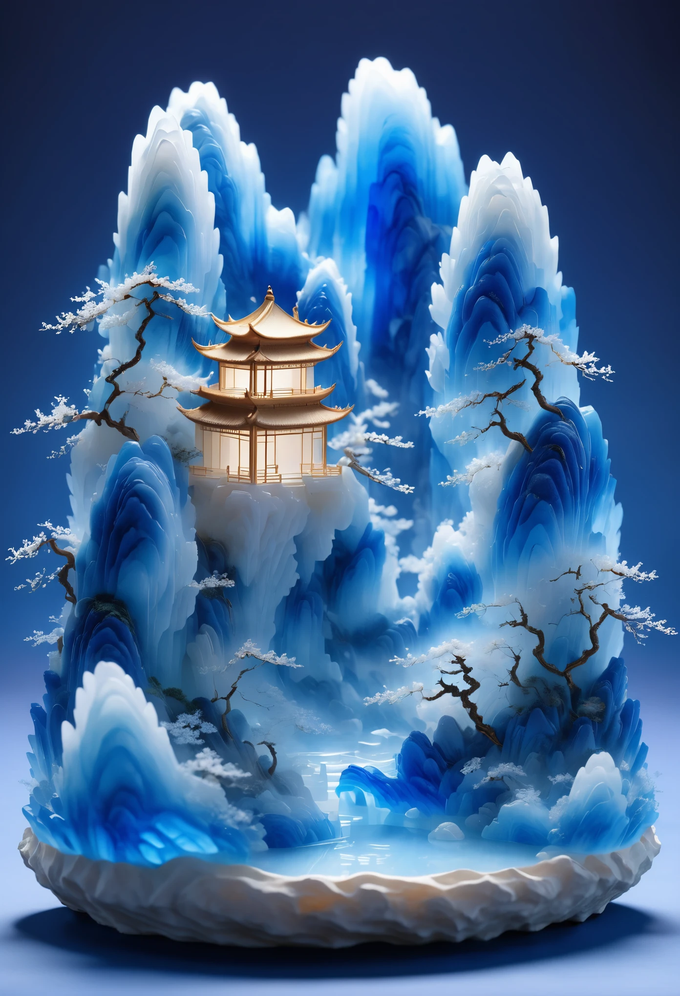 Micro landscape design carved out of a piece of stone，Translucent glass material,Blue-white gradient,Traditional Chinese landscape painting,Abstract shapes,Minimalism,Cave，,3d