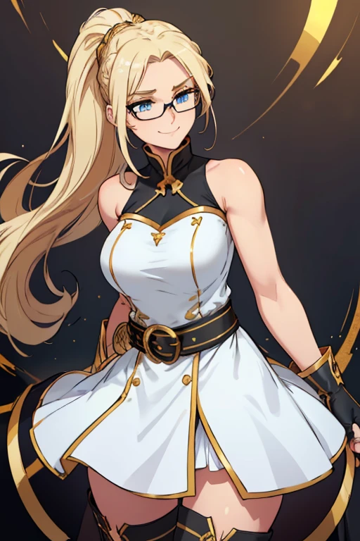 female, blonde long hair in a ponytail, blue eyes, (((1girl))), (((white strapless and sleeveless tunic with gold trim))), (white skirt with gold trim), (black belt), (black knee high boots with gold trim), ( black fingerless gloves), (glasses), (black ring on finger), cute and sexy, modest breasts, modest butt, full body, long legs, smiling, cleavage