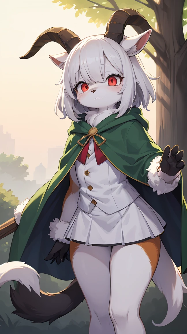 Rori the fox, riding on wolf, was hairy, shaggy, skin fur, smooth lashes, white fur, forelimb hands, straight long white hair, solid circle eyes, ((goat horns)), white facial fur, shiny hair, red eyes, super cute face, 1goat tail, fluffy tail, furry tail, glowing eyes, green cloak, white skirt, standing, sad face, ambient light, ultra-fine fur, dashed eyes, full body, masterpiece, high quality, high-details, best quality, wide short, (((solo)))