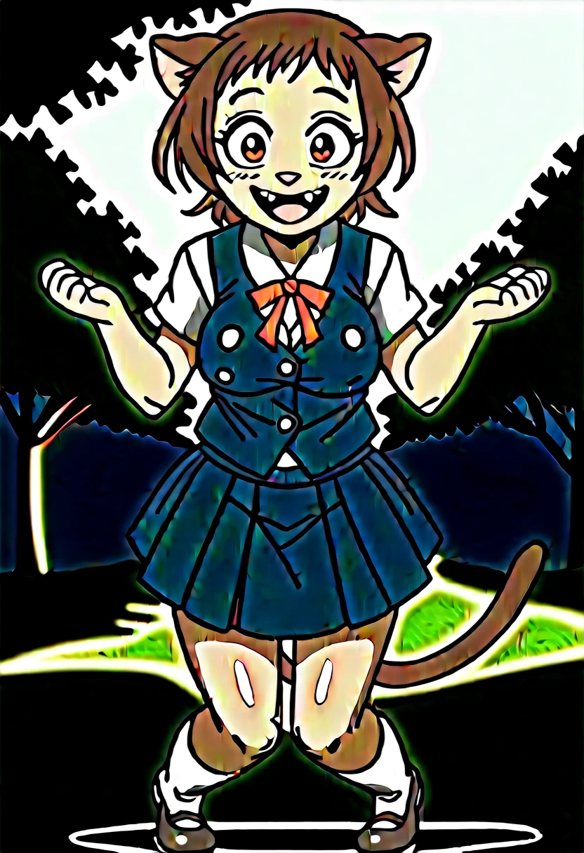 Haru Yoshioka, cat girl, blue vest, blue pleated skirt, socks, black shoes. Putting his hand on his face, opening his mouth, brown eyes, tail under his skirt, cute little fangs, medium breasts, red tie, beard, dark brown tail, , (blushing), (erect penis), (ahegao), (sticks out tongue), (estrous period), (outdoors),
