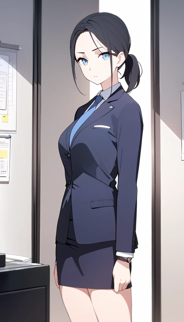 (masterpiece, high quality, best quality, highres,) One Woman, young, black hair, ponytail, Blue Eyes, Athletic build, expressionless, closed mouth, office staff suit, Simple white background, standing, cowboy shot, from the front