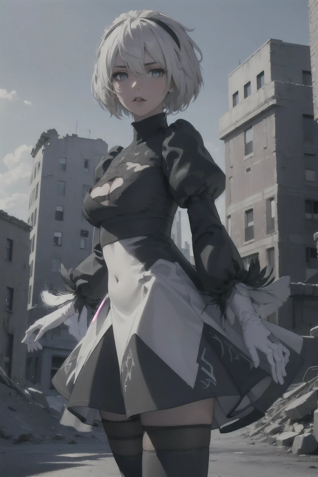 (masterpiece, best quality, highres, high resolution:1.2), extremely detailed, intricate details, 1girl, solo, looking at viewer, cowboy shot, standing, hm2b, light blue eyes, clothing cutout, long sleeves, puffy sleeves, juliet sleeves, feather trim, black thighhighs, black gloves, covered navel, (white_leotard:1.2), outdoors, dystopian, ruined city, (cinematic lighting, bloom, volumetric),