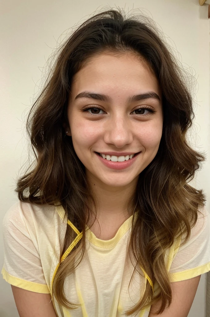 20YO, small nose, one women,attractive, Jordanian, Bright Yellow shirt, cute smile, cute face, white teethes, skinny face, light brown eyes, black/blonde long hair, modest
