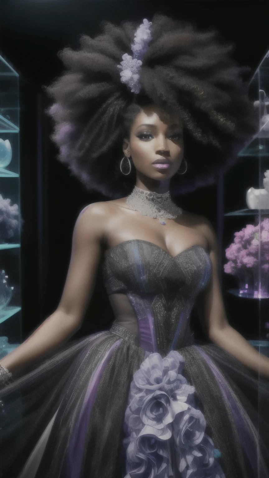 Wide angle shot of a black and white shot image of a Beautiful black woman with coloured curly hair and dressed in African designed high fashion clothes, standing in a high fashion model pose in a transparent glass museum full of puzzles shining blue and violet colours, the whole scene in black and white only colours in the scene are blue and violet, with iridescent light, hyper-realistic image, 32k, ultra HD, cinematic lighting --auto --s2