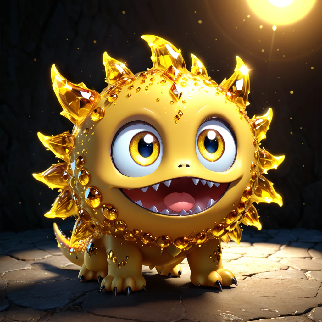 A cute topaz monster with big sparkling eyes, glowing with a warm yellow light. This radiant and comforting gemstone is designed to delight young readers, with its bright and cheerful disposition. --ar 1:1 --v 6.0 --3D render