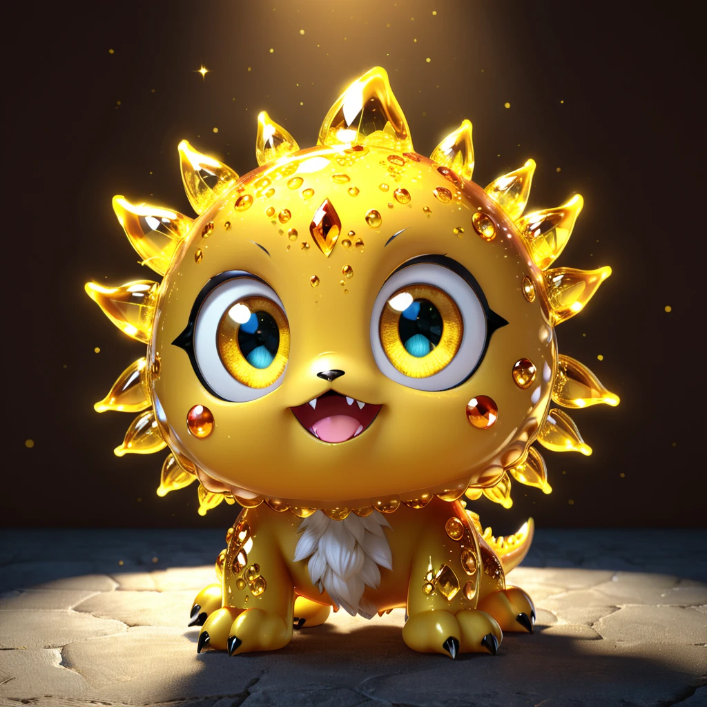 A cute topaz monster with big sparkling eyes, glowing with a warm yellow light. This radiant and comforting gemstone is designed to delight young readers, with its bright and cheerful disposition. --ar 1:1 --v 6.0 --3D render