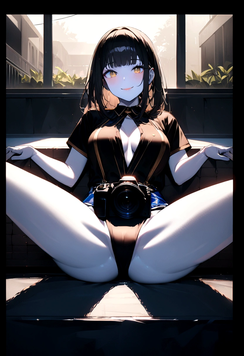 Highest quality, masterpiece, expensive_resolution, One girl, On the body, Tyndall effect, photographのようにリアル,, Rim Light, Two-tone lighting, (expensive detailed skin:1.2), 8K Ultra HD, Digital SLR, Soft lighting, expensive quality, Volumetric lighting, Frank, photograph, expensive resolutionolution, 4K, 8K,Ultra high definition,Medium chest,Black Hair,Bangs,Pale skin,Short sleeve,Summer Festival,smile.Leg spread,Spread your legs,Smile,Laughter,Simple Background,Swimming in the pool