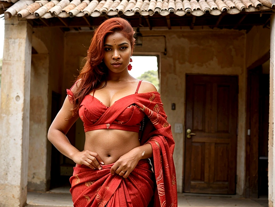 pretty african woman, curvy, gorgeous, red hair, dressed in saree