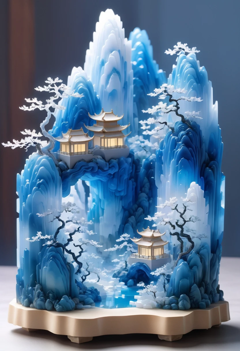 Micro landscape design carved out of a piece of stone,Translucent glass material,Blue-white gradient,Traditional Chinese landscape painting,Abstract shapes,Minimalism,Cave,,3d