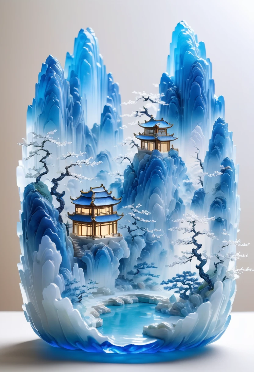 Micro landscape design carved out of a piece of stone，Translucent glass material,Blue-white gradient,Traditional Chinese landscape painting,Abstract shapes,Minimalism,Cave，,3d