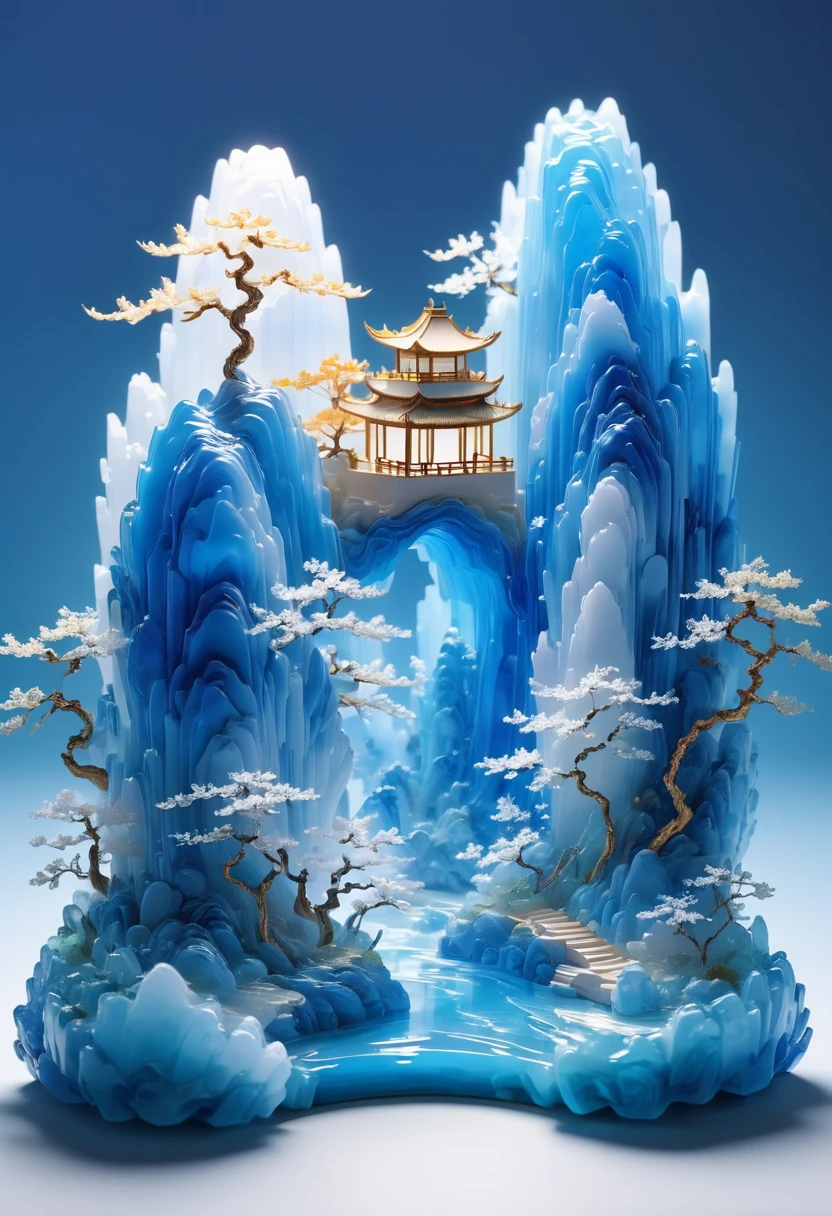 Micro landscape design carved out of a piece of stone，Translucent glass material,Blue-white gradient,Traditional Chinese landscape painting,Abstract shapes,Minimalism,Cave，,3d