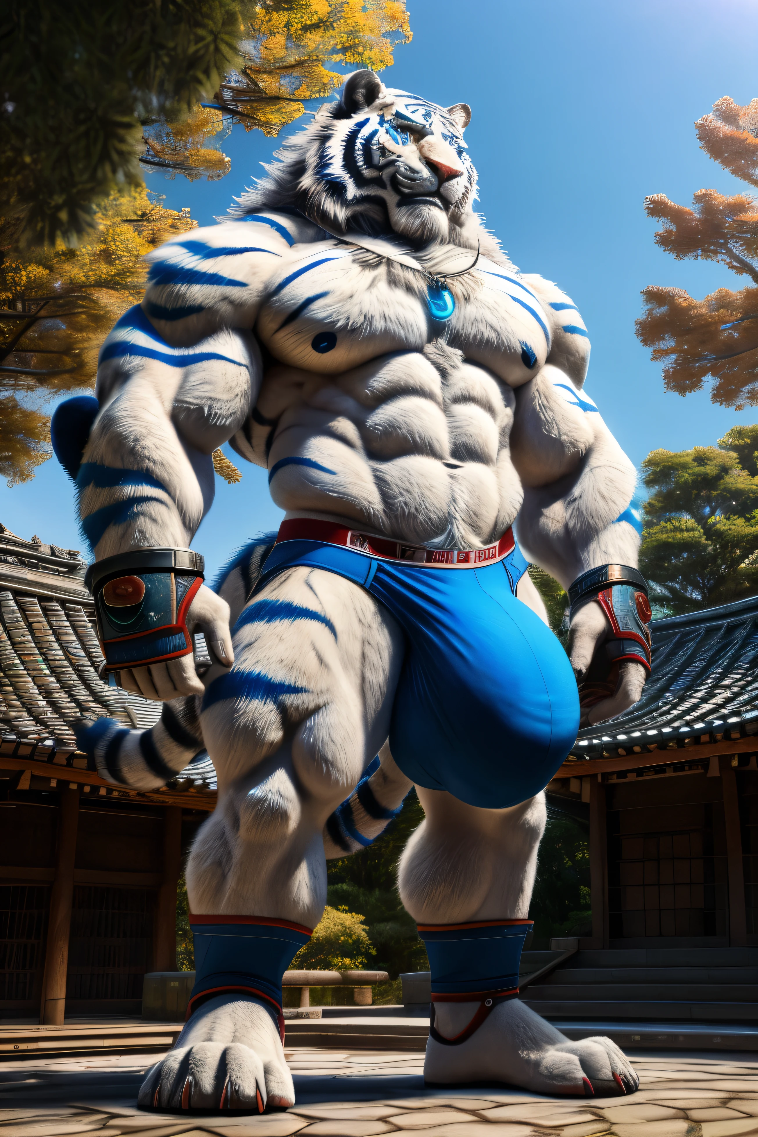 solo,anthro,furry,furry male, White Tiger, ((fluffy fur,fluffy,furry body)),Full Body, Very Muscular, Bara, Big, Buff, Very Big, Very Tall, Extremely Tall,Giant Sized, Hyper Size, Mega Size,Monster Sized,150 feet tall, macrophilia,Short Messy Hair, Blue eyes,((bright blue eyes)) Blue Stripes, String Necklace, Blue Pendant, Cosmic Energy Aura, Wrist guards, Ankle Guards, Smirking Expression, Standing pose, Huge Body Size,Wearing underwear, Outdoors, Japanese Temple, Oriental Trees, Detailed clothes, Tight briefs, briefs bulge, Huge Bulge, Hyper Size Bulge, Giant Cock Bulge, Giant Balls Bulge,Detailed face, (masterpiece, high quality,hi-res,8k had), High Resolution, High Detail,