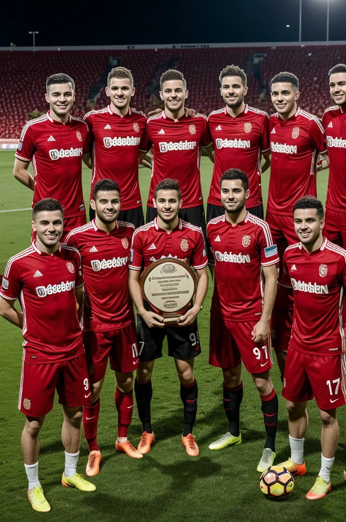 A picture of Kaufland FC winning the championship Make red jerseys with Kaufland logo for the players