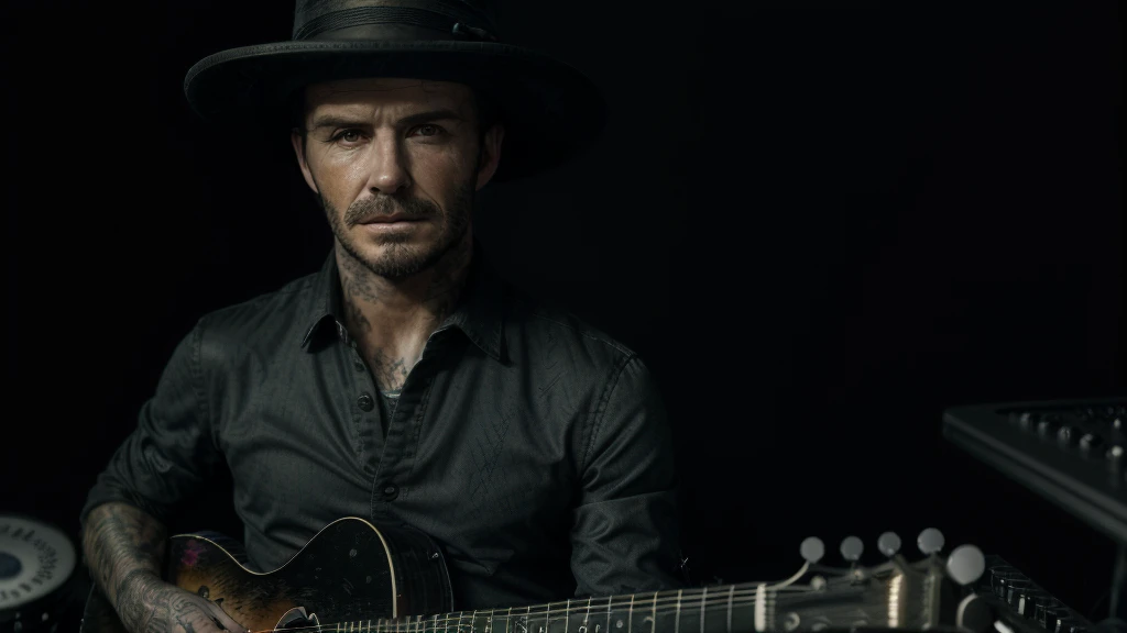 photo of one david-beckham, 1man,(detailed music studio: 1.4), Witch hat, (detailed faces: 1.4), highres, RAW photo 8k uhd, dslr, , ((cinematic light)), colorful, hyper detail, dramatic light, intricate details, (best lighting, an extremely delicate and beautiful), abstract colors, Disgusted face,  looking down to viewer, deep eyes, glare eyes,