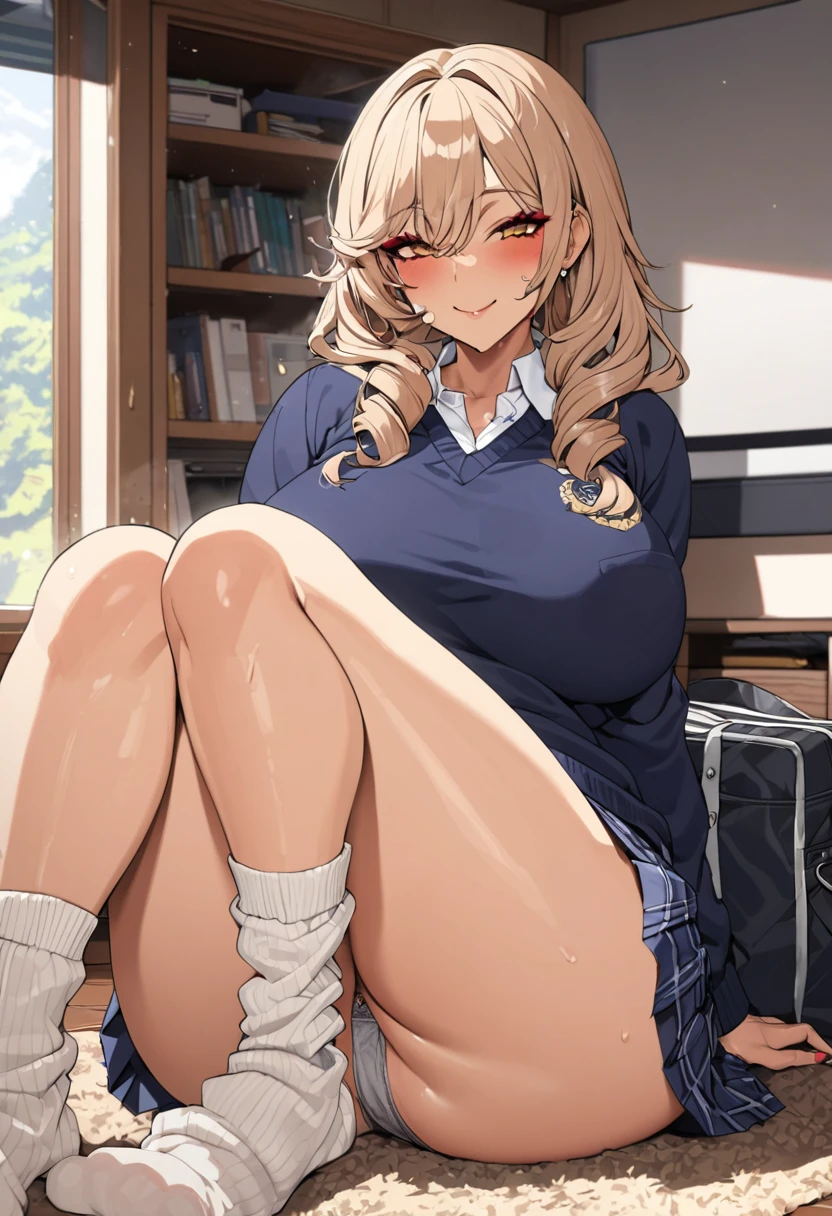 nsfw,masterpiece,ultra detailed,8k,navy school sweater,(short plaid pleated skirt),adult curvy body,(tanned japanese gyaru),seductive cute face,cheerful smile,silver panties,sitting and knees up on floor,curvy thighs,dirty sole loose socks,makeup,at messy private room,schoolbag and undressed lingeries on floor,tv on desk,storage shelf on wall,carpet,,humid