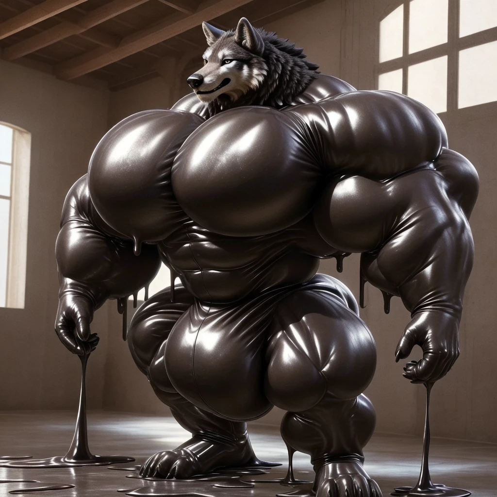 solo, male, , , , (hyper pecs:1.3), (long thick thighs:1.5), standing, indoor,,(,,(,solo,very hyper muscles:1.3)((, Huge bulge:1.5)))()), black glowing liquid,(((liquid_latex, , rubber:1.2),,black latex,goo transformation,(gooey)()(l),unreal engine,perfect light,detailed, photorealistic, 4k, hd, , , , good anatomy, , (), ,, high quality, best quality, concept art, photorealistic,wolf