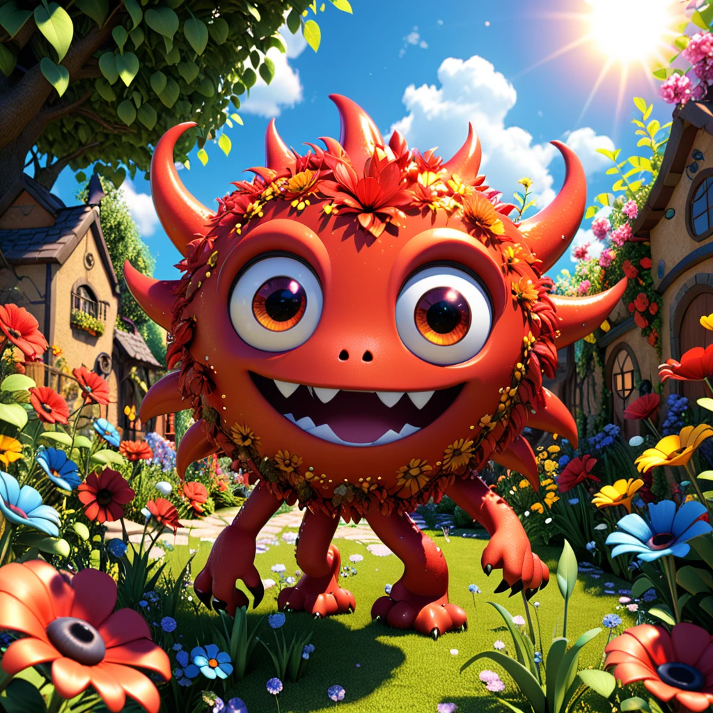 **Red**
   A cute red monster with big eyes and a bright, sunny expression, glowing like the sun. The monster has a sparkly red color scheme and looks joyful in a colorful garden. This playful character is designed in the style of Pixar animation studio, created using C4D software, adding a touch of whimsy. --ar 1:1 --v 6.0 3D render