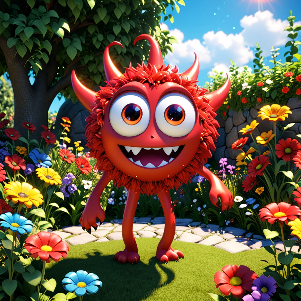**Red**
   A cute red monster with big eyes and a bright, sunny expression, glowing like the sun. The monster has a sparkly red color scheme and looks joyful in a colorful garden. This playful character is designed in the style of Pixar animation studio, created using C4D software, adding a touch of whimsy. --ar 1:1 --v 6.0 3D render