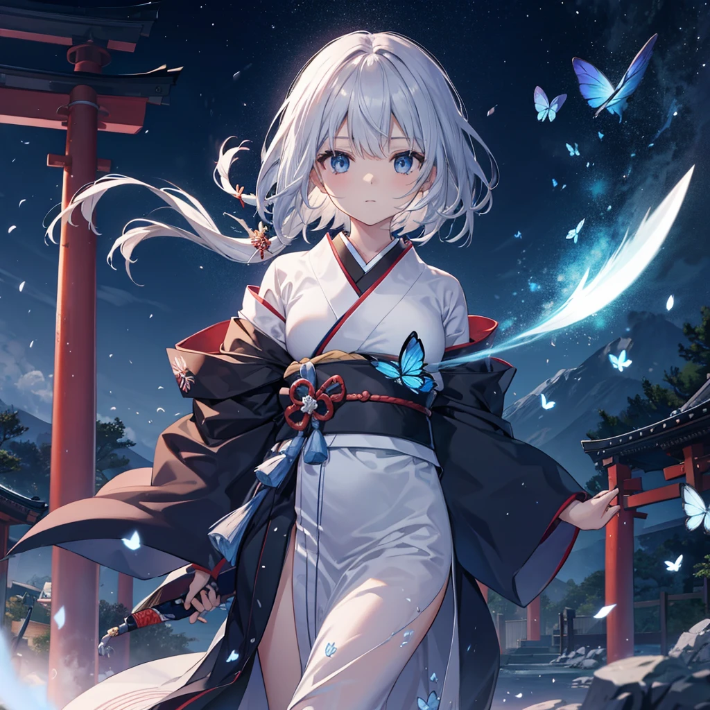 (((1 person)))　((High resolution　Gray Hair　short hair　Black kimono　Shoulder　knifeを構える　Flowing hair))　((Black Band　samurai　Lonely　despair　blue eyes))　((Blue Butterfly　night　Japanese style　old　Shining Aura　garden　shrine　torii　Catch the wind))　(dance　日本knife　knife　Slashing)　moonlight　star　Draw your sword　Reflected light　Shining Background　Shining Edge