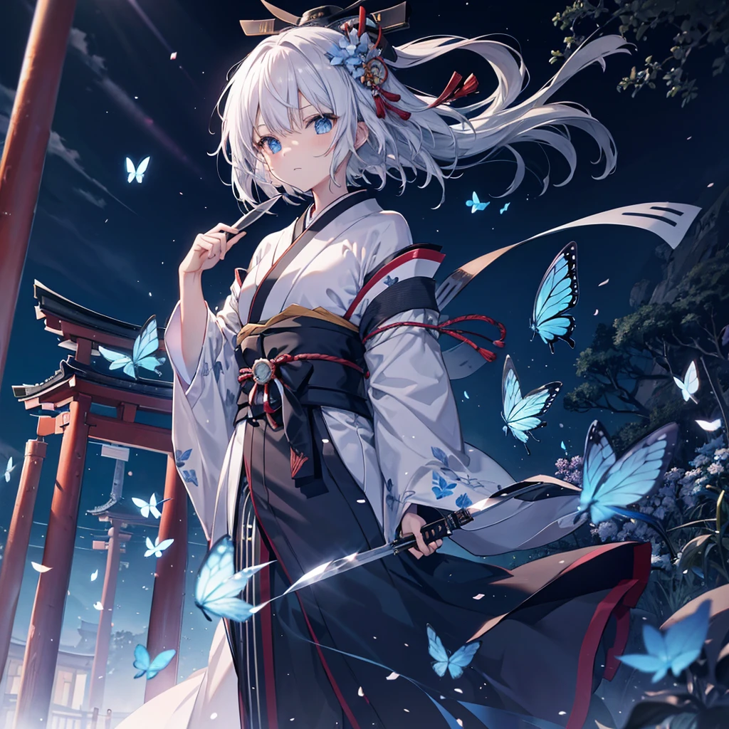 (((1 person)))　((High resolution　Gray Hair　short hair　Black kimono　Shoulder　knifeを構える　Flowing hair))　((Black Band　samurai　Lonely　despair　blue eyes))　((Blue Butterfly　night　Japanese style　old　Shining Aura　garden　shrine　torii　Catch the wind))　(dance　日本knife　knife　Slashing)　moonlight　star　Draw your sword　Reflected light　Shining Background　Shining Edge