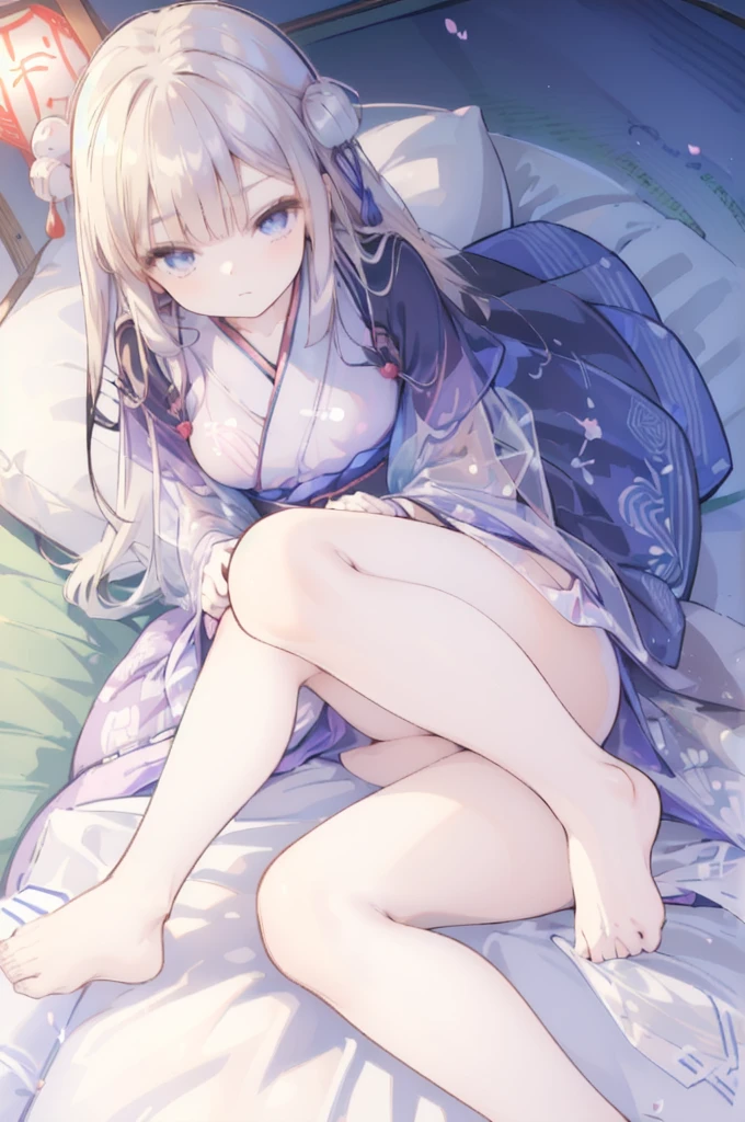 (((dress lift Transparent see-through yukata))) (a girl sitting on futon :1.5), (Japanese-style room, tatami, futon ,mattress, pillow:1.3),,((NSFW)) ((hentai))Long black hair Toddler girl Short mini yukata