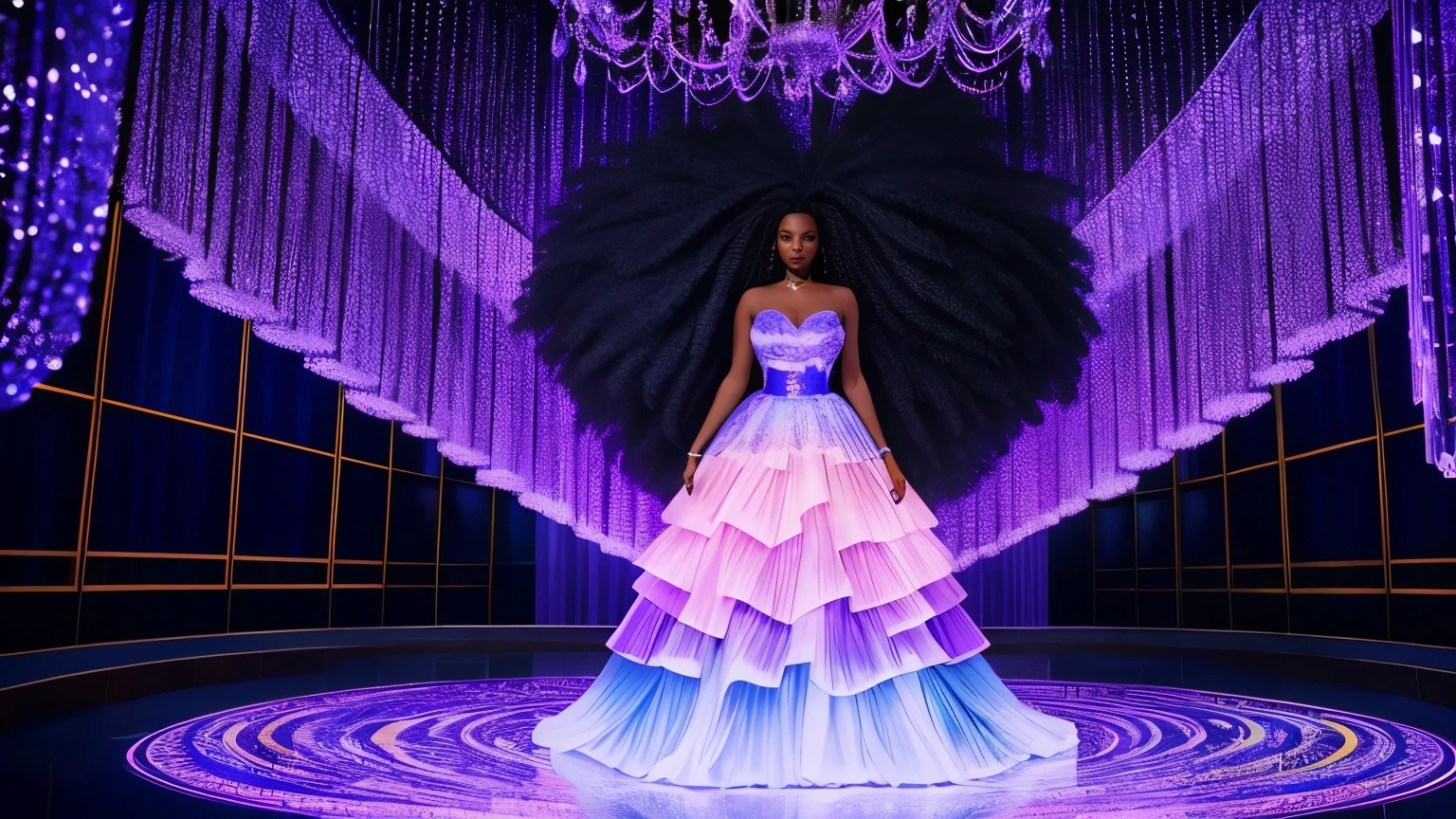 Wide angle photo of a black and white image of a beautiful black woman with colorful curly hair and dressed in high fashion clothing of African design, standing in a couture model pose in a clear glass museum filled with puzzles glowing in blue and violet colors, the entire scene in black and white only the colors of the scene are blue and violet, with iridescent light, hyper-realistic image, 32k, ultra HD, cinematic lighting
