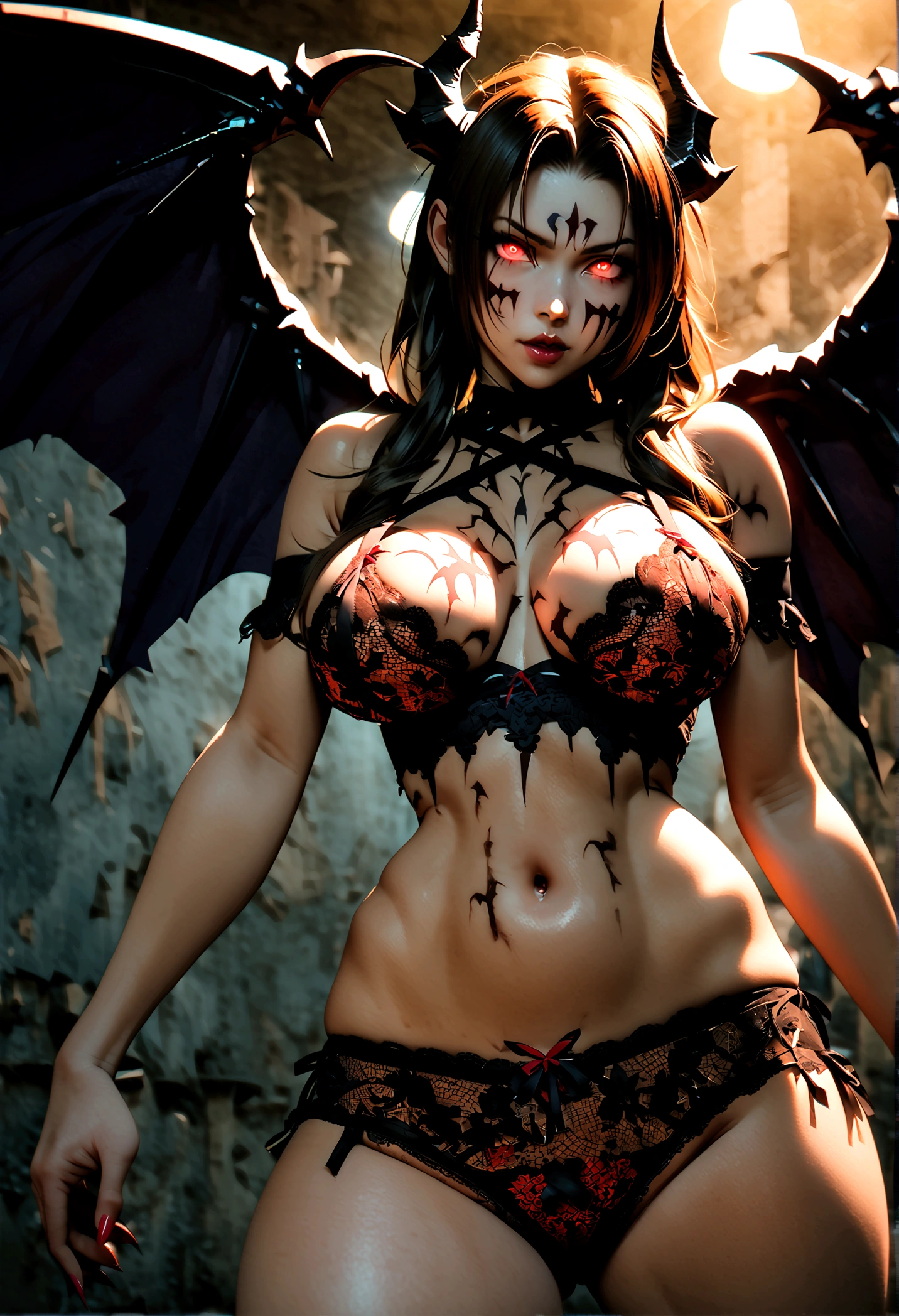 girl, rotting zombie warrior, demonic horns and wings, aerith ff7r, evil look, sexy, sheer lace bra, medium saggy breasts, demonic lace lowleg panties, hand inside panties, pubic hair, curvy hips, facepaint, bodypaint, glowing eyes, combat stance, vibrant appearance, creative sexual behavior, imaginative, sensual, spontaneous, highest quality, skin texture, demon infested war backdrop, intricate details, (volumetric lighting), RAW photo, 8k