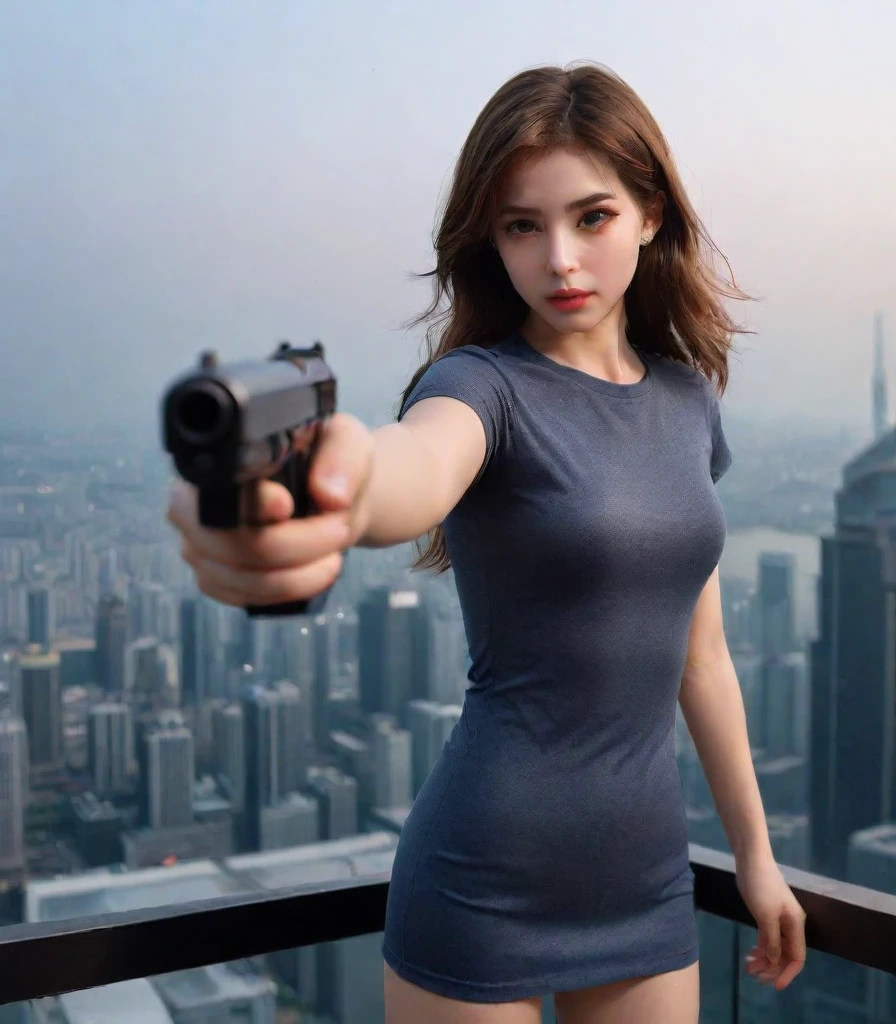 Of the highest quality、16K High Resolution、Super detailed、masterpiece、live shooting、photorealistic:1.4、Hyperrealism:1.4、sharp focus、very delicate and beautiful、fine details、1european teen girl、(Super beautiful)、(beautiful face:1.a)、(detailed face:1.5)、They are standing、(sexy t shirt :1.1)、sexy dress、、(atar)、(very short dress:1.1)、Brown hair、(dark makeup)、(roof of a skyscraper:1.5)、(evening:1.3)、(The wind blows:1.5)、(5 fingers on the hand:1.2)、(He is looking down the barrel of the gun...:1.5)、(thigh up shot)、(gun pointing forward and firing the gun)