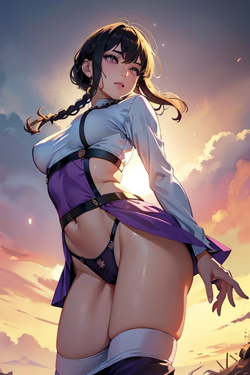 (from below:1.2),(from side:0.9), (Close-Up:0.4), highest quality、(real、photorealistic:1.4)、(RAW photo:1.2)(Curve,Model,glamor:1.5),Beautiful breasts,colour_aberration,beautiful detailed shadow,Beautiful eyes,Beautiful body,Beautiful skin,beautifull hands,(medium_breasts:1.5),1 girl in, purple color  hair、Purplish pink eyes that dreamers desire, (Blonde hair) , small stature, Colossal tits, Lori, (masutepiece:1.2, Best Quality), (finely detailed beautiful eye: 1.2), (beautifull detailed face), (Best Illumination, extremely delicate and beautiful), ((Cinematic Light)), Dramatic light, Short bob hair（1:3）,Ultra Contrast、Braid a little around the ears, clavicle, White long dress、only has 5 fingers,Her pussy is visible through the white thong、Wet pants、You can see inside your underwear、full of sweat、mocking look、diaper、nffsw,Arms crossed、grab the arm、Shoot from below、The angle is as seen from below.、Best Quality、Large breasts、muscular pussy、Pubic hair,high-level image quality、hightquality、8K,perfect hand、5 fingers、finger pin、Perfect Finger、T back、Naked、noise cut、bullet hand、Her hair color should have been a brighter purple.The skirt part is also carefully expressed..、Purple skirt、the skirt is floating in the wind、Dark purple panties、Pubic hair majority,(with sparkling eyes and a contagious smile),her thin pubic hair, looking at viewer
