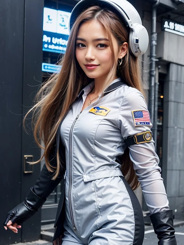 A woman in a white suit with red gloves, Astronaut Girl, Armored Astronaut Girl,  Smooth Art, Wearing a space suit, 8K,、((smile))、(((Open Stance)))、Background Outer Space、