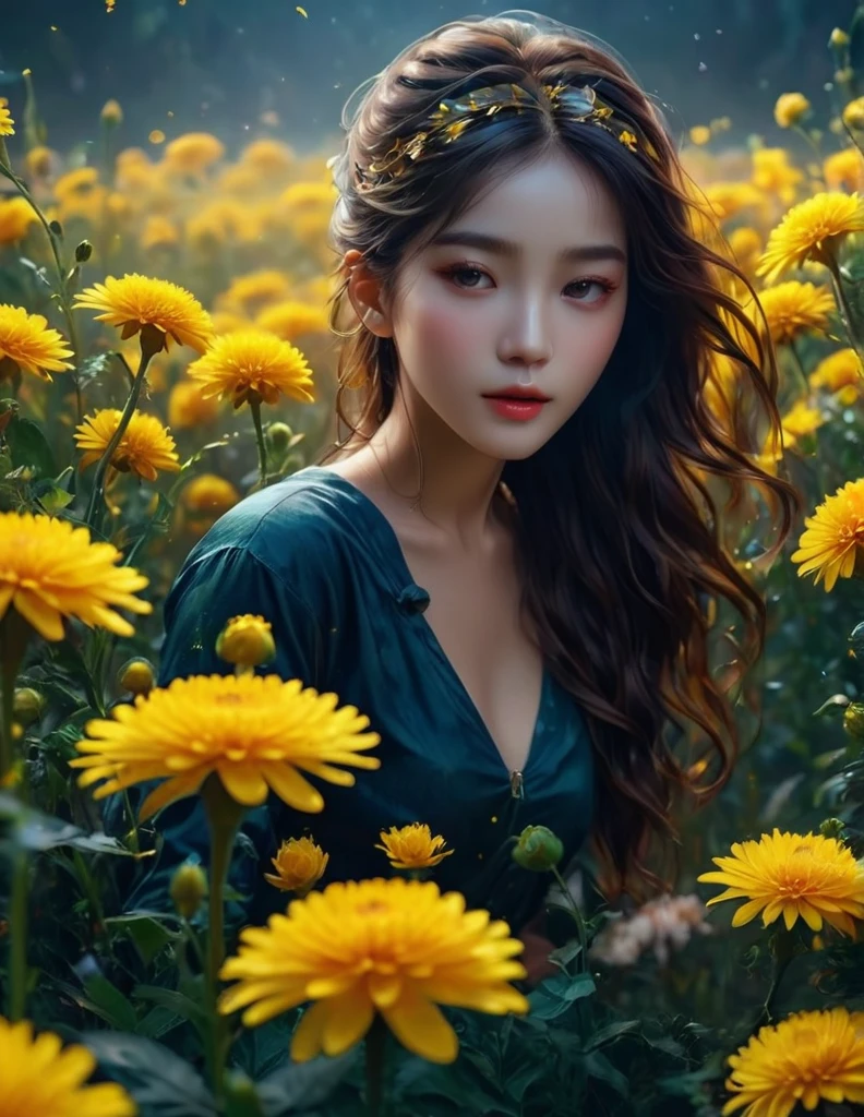 quality(8k wallpaper of extremely detailed CG unit, ​masterpiece, hight resolution, top-quality, top-quality real texture skin,hyper realisitic, digitial painting,increase the resolution,RAW photos，best qualtiy,highly detailed,the wallpaper),BREAK,8K, half face, quality(8k wallpaper of extremely detailed CG unit, ​masterpiece, hight resolution, top-quality, top-quality real texture skin,hyper realisitic, digitial painting,increase the resolution,RAW photos，best qualtiy,highly detailed,the wallpaper),BREAK,8K, night , yellow glowing flowers, mist, girls siluet in middle of flowers 